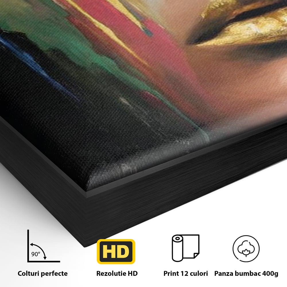 Detaliu al suprafetei: tablou canvas cu chip de femeie profil si foita de aur, in rama de aluminiu negru